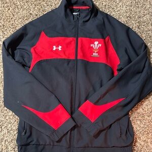 Under Armour Men's Black Jacket with Red Accents WRU rugby team jacket